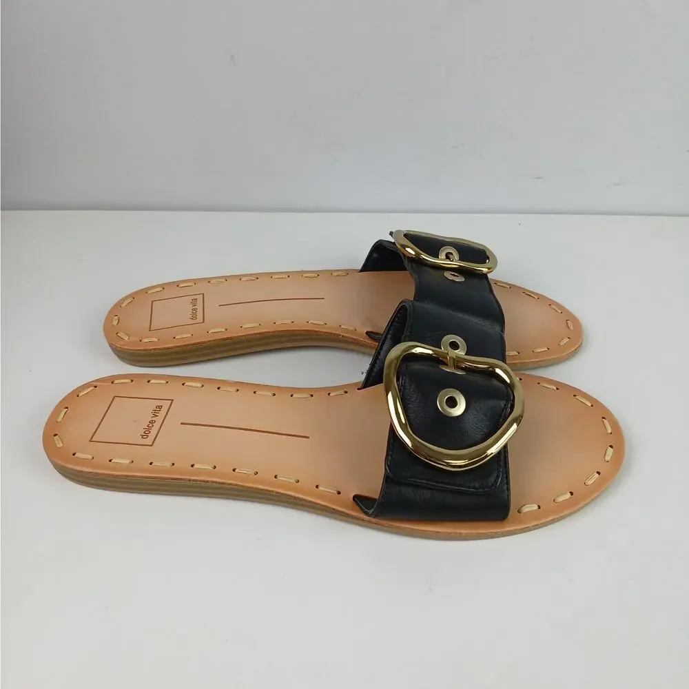 Dolce Vita SZ 9 Danna Slide Sandals Black Leather Upper Gold-Tone Hardware